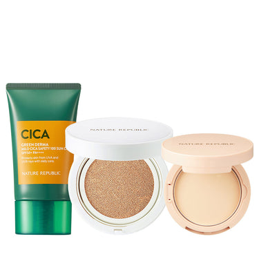 Fixing Face Makeup Trio (Green Derma Mild Cica Safety 100 Sun Cream SPF50+ PA++++, Serum Cover Cushion SPF50+ PA++++ & Provence Fixer Pact AniMelodic