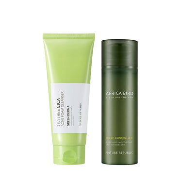 Men's Fresh Care Set - Green Derma Tea Tree Cica Acne Foam Cleanser & Africa Bird Homme All In One Fresh Controller AniMelodic