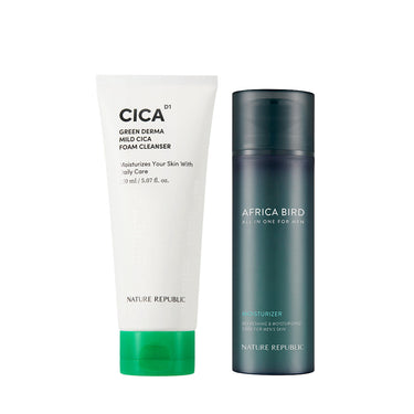 Men's Moisture Care Set - Green Derma Mild Cica Foam Cleanser & Africa Bird Homme All In One Moisturizer AniMelodic